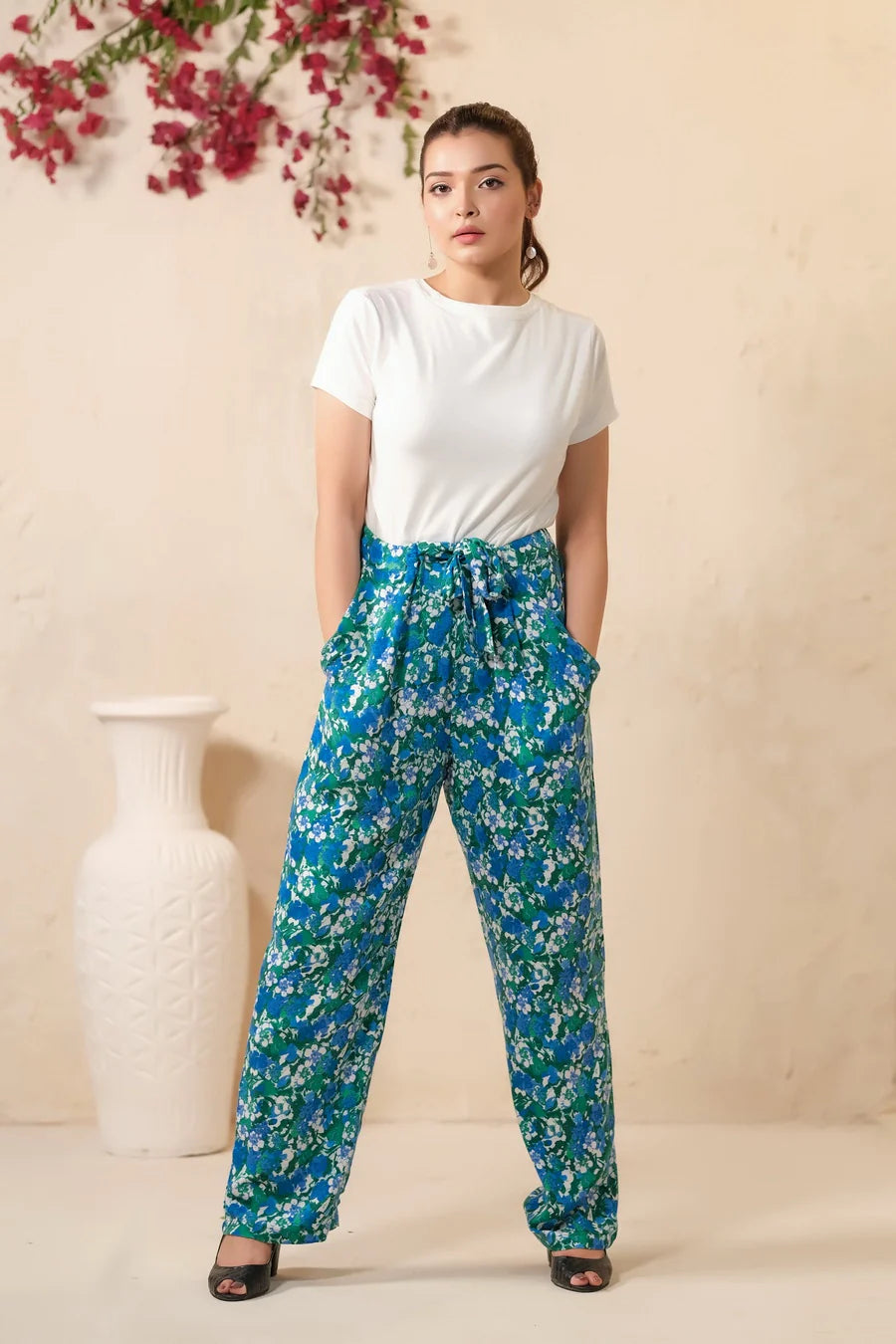 Sprinkles Stitched 1 Piece Summer Bottoms Kids Collection'2025-Green Floral Print Wide Leg Trousers