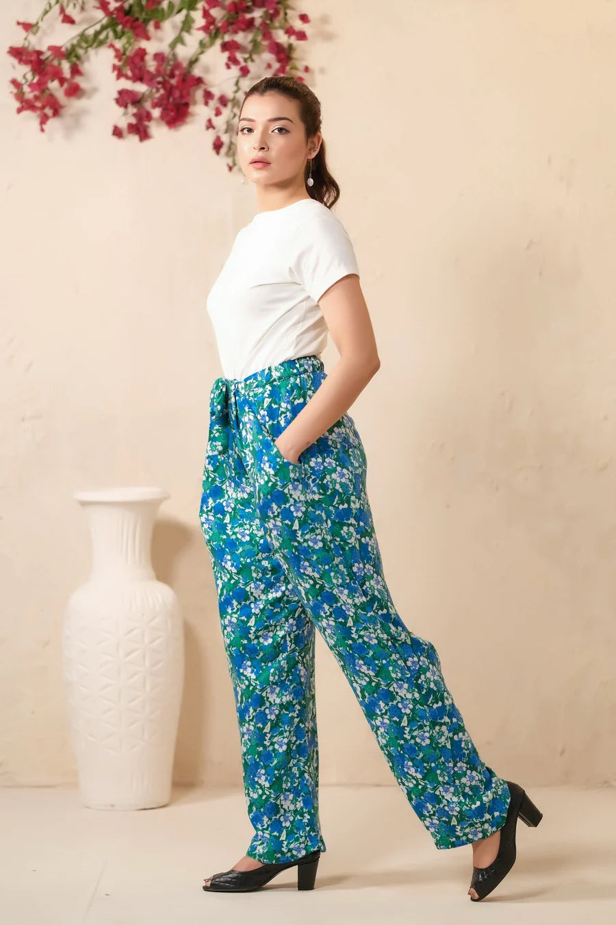 Sprinkles Stitched 1 Piece Summer Bottoms Kids Collection'2025-Green Floral Print Wide Leg Trousers