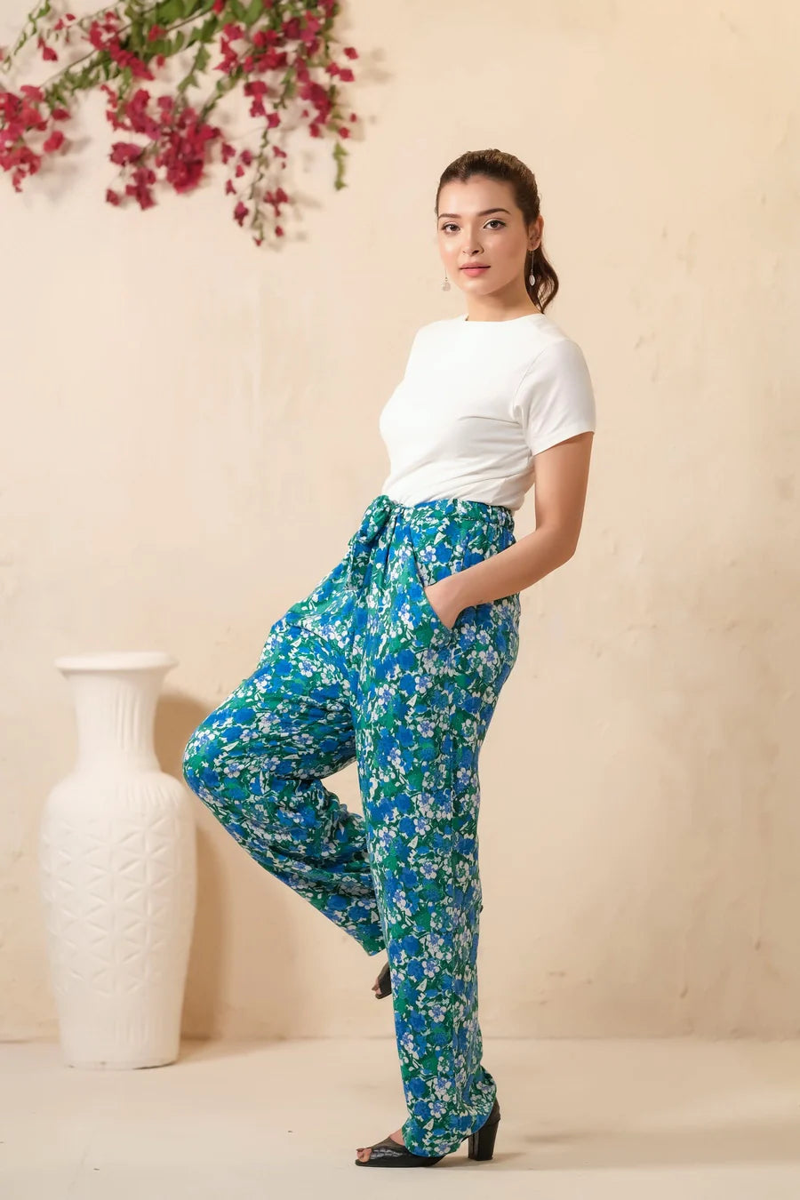 Sprinkles Stitched 1 Piece Summer Bottoms Kids Collection'2025-Green Floral Print Wide Leg Trousers
