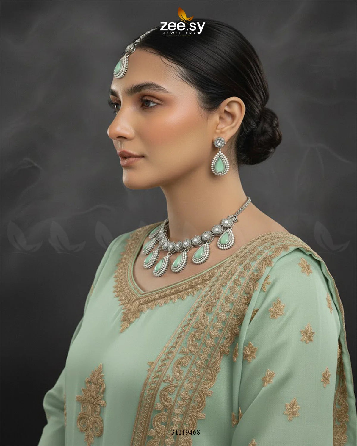 Hearth Necklace Set Silver Mint Green - Zeesy Jewellery