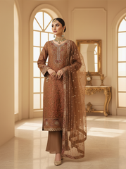Dhanak By Dressline Unstitched 3 Piece luxury Emb Organza Collection'2025-dhanak-unstitched-bronze-ember