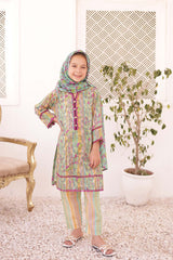 Child wearing a colorful traditional outfit with a patterned background