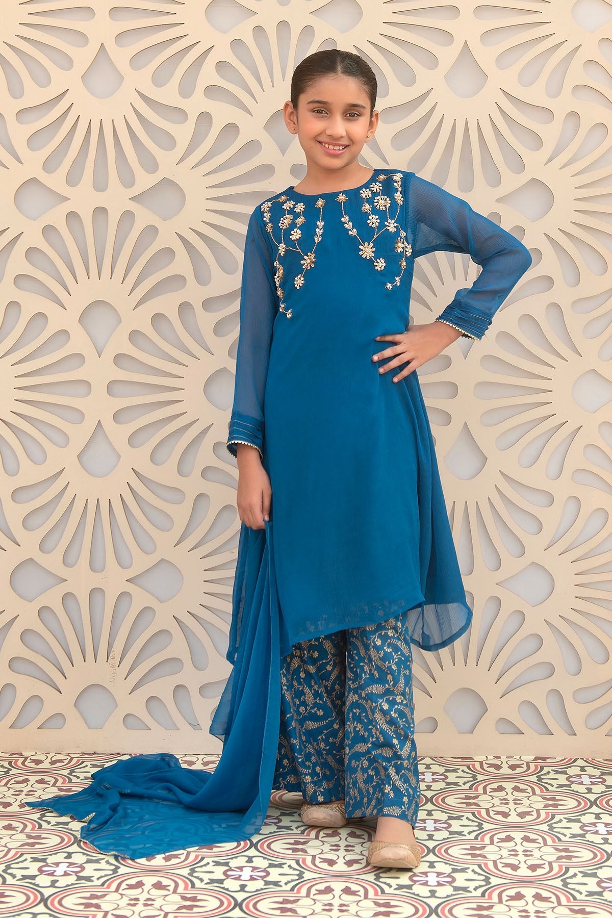 Chiffon Hand Adda Work 3 Pc Suit - Wear Ochre