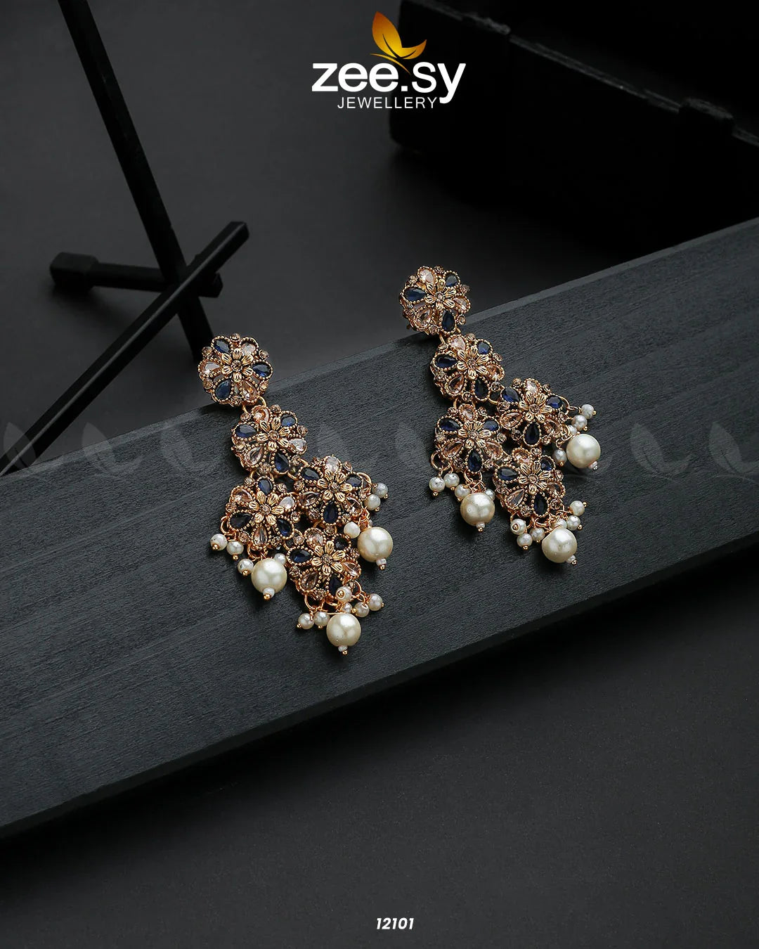 Golden Orchid Elegance Earrings Blue - Zeesy Jewellery