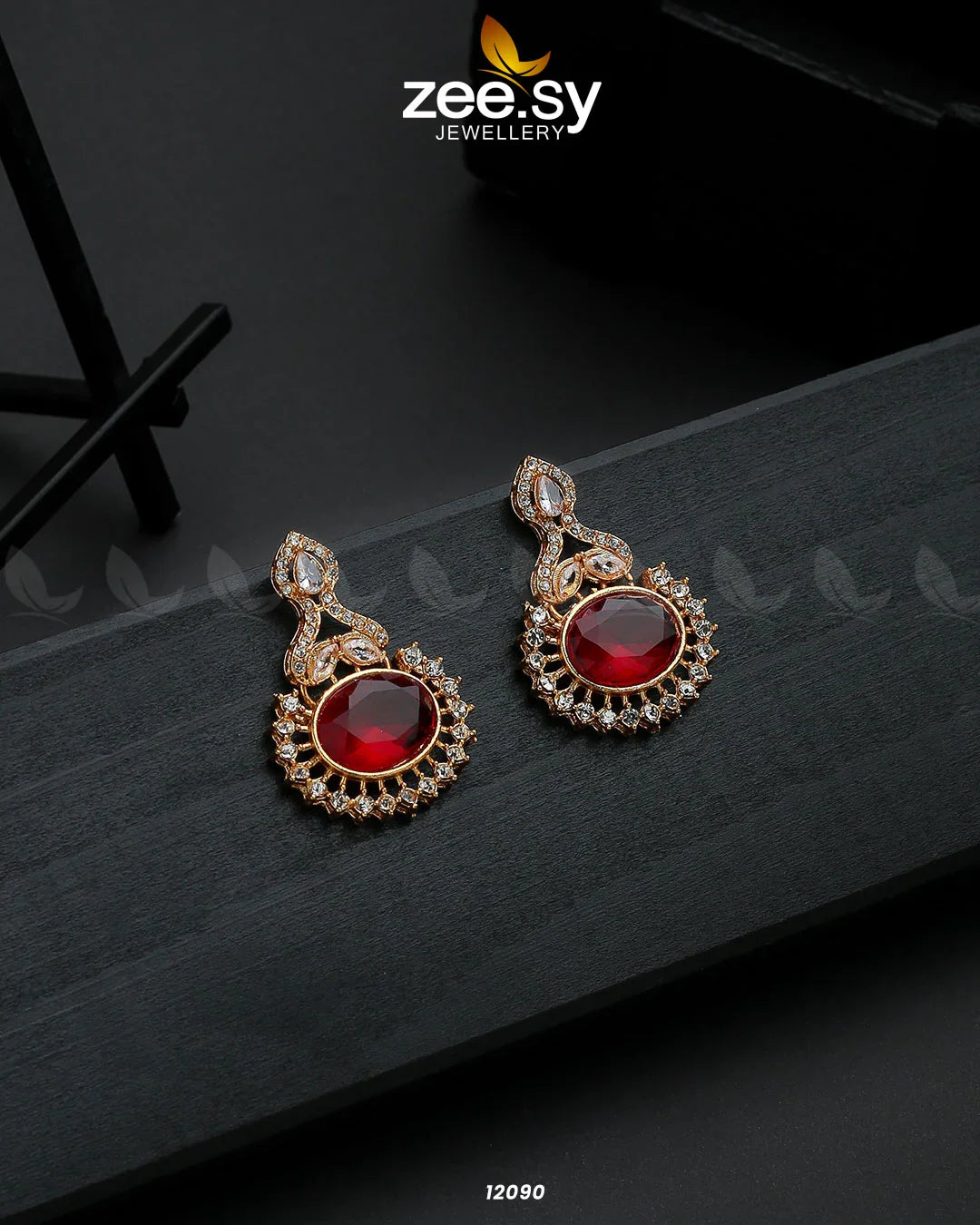 Golden Aaina-e-Dil Earrings Red - Zeesy Jewellery