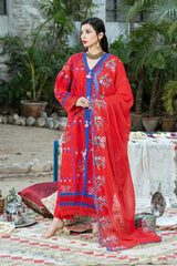 Dhaga Stitched 3 Piece Embroidered Summer Suit-Surkhaab