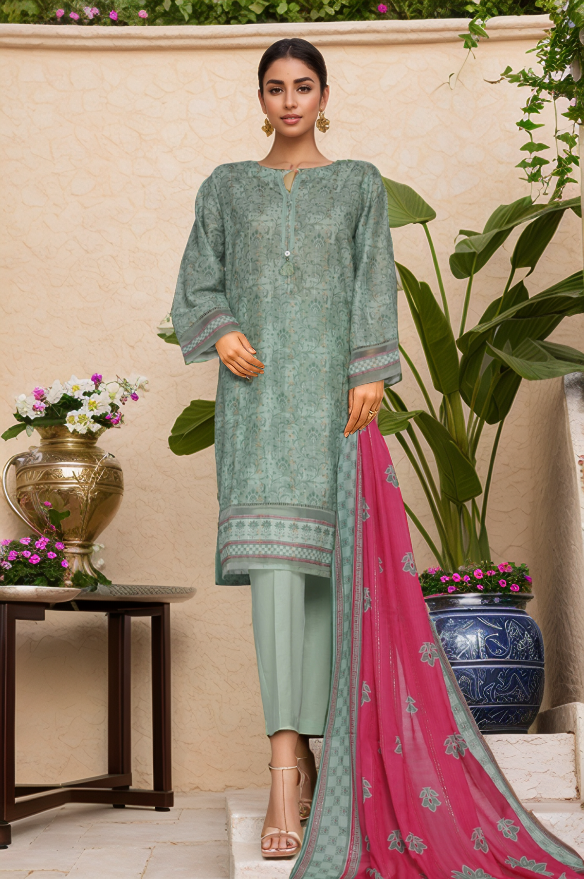 Damask By HZ Stitched 3 Piece Prints Jacquard Collection'2025-DPJ-037-Green
