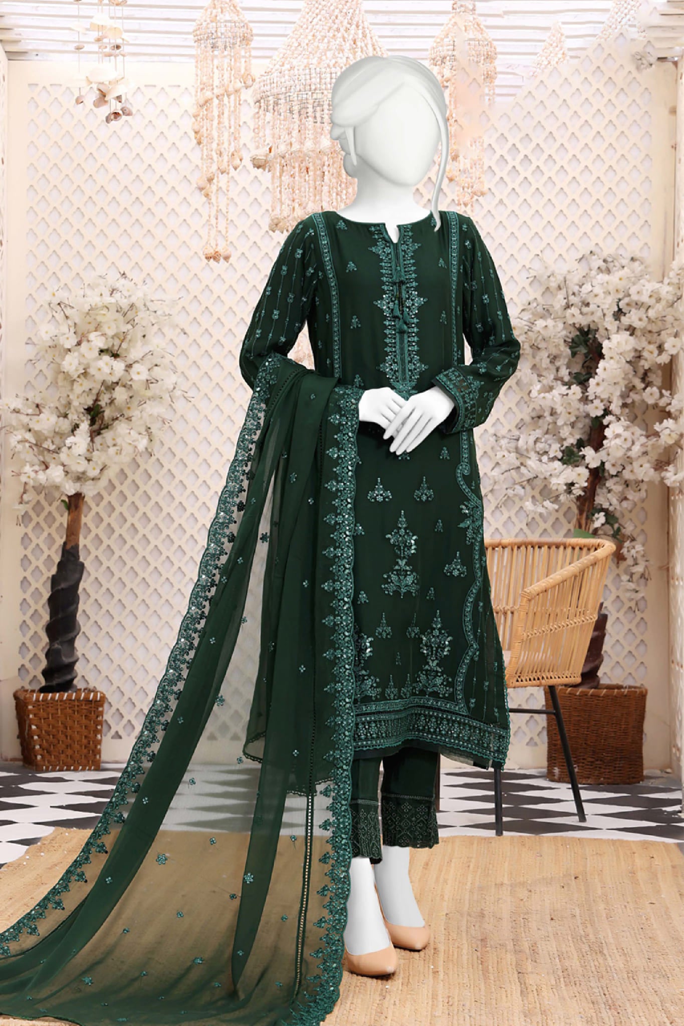 Hz Stitched 3 Piece Embroidered Chiffon Formals Vol-01 Collection'2023-HZK-127-A