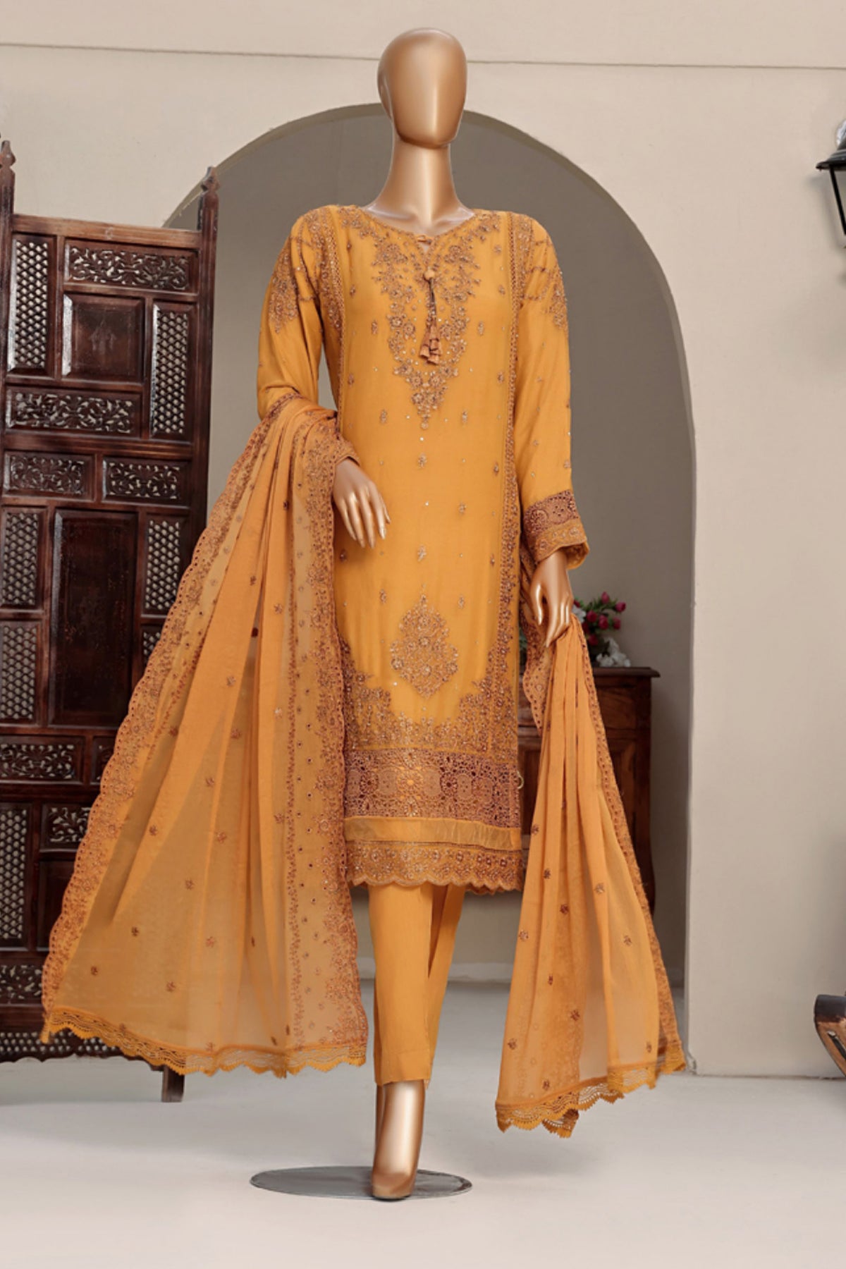 Fasaane By HZ Stitched 3 Piece Formals Chiffon Vol-04 Collection'2024-HZK-170-Mustard