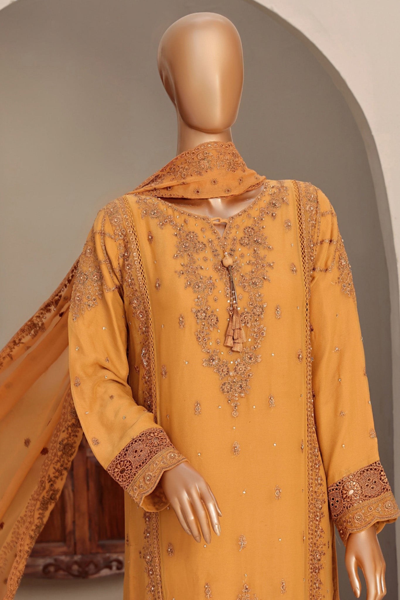 Fasaane By HZ Stitched 3 Piece Formals Chiffon Vol-04 Collection'2024-HZK-170-Mustard