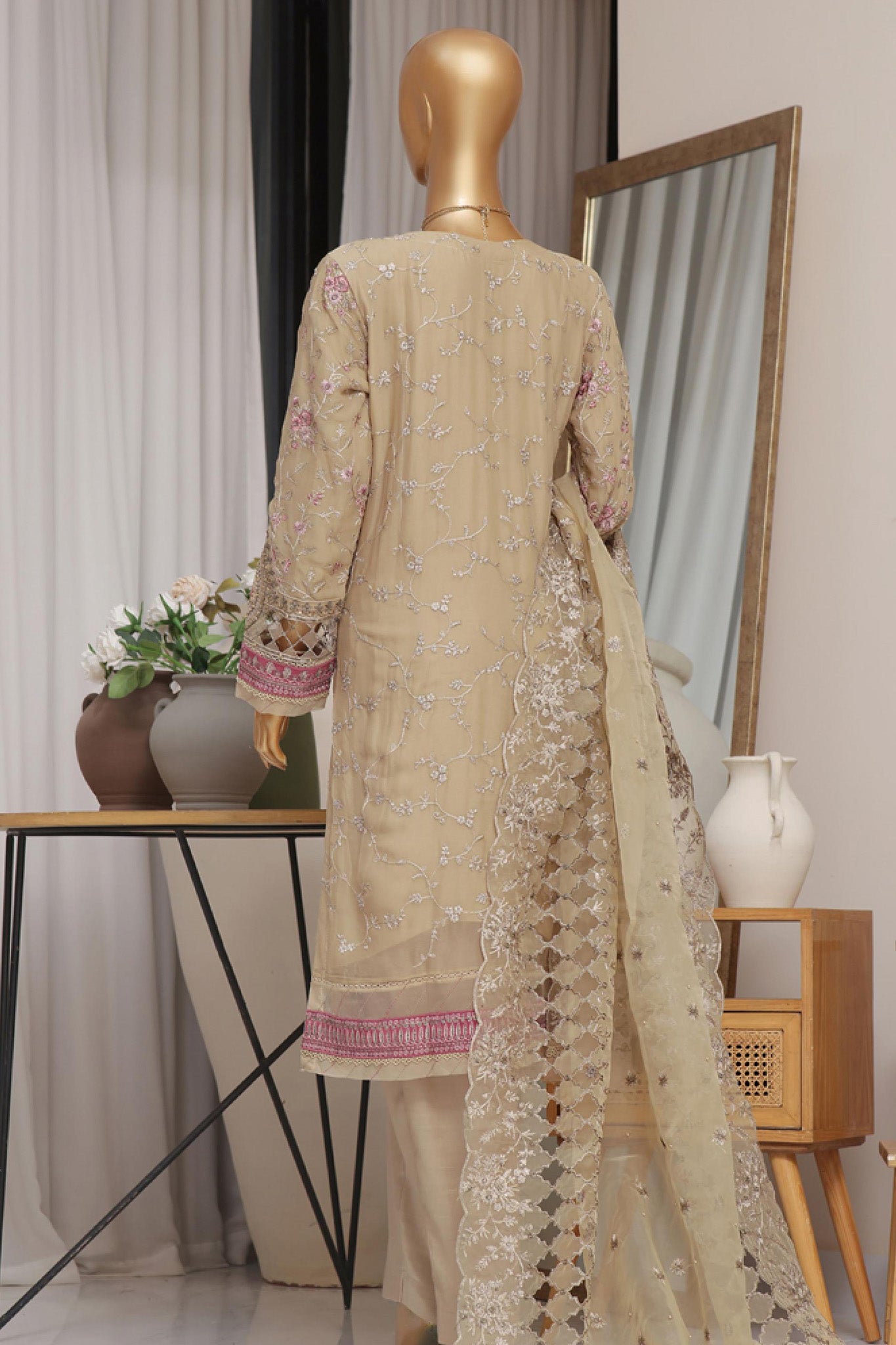 Fasaane By HZ Stitched 3 Piece Formals Chiffon Vol-05 Collection'2024-HZK-171-Dark Beige