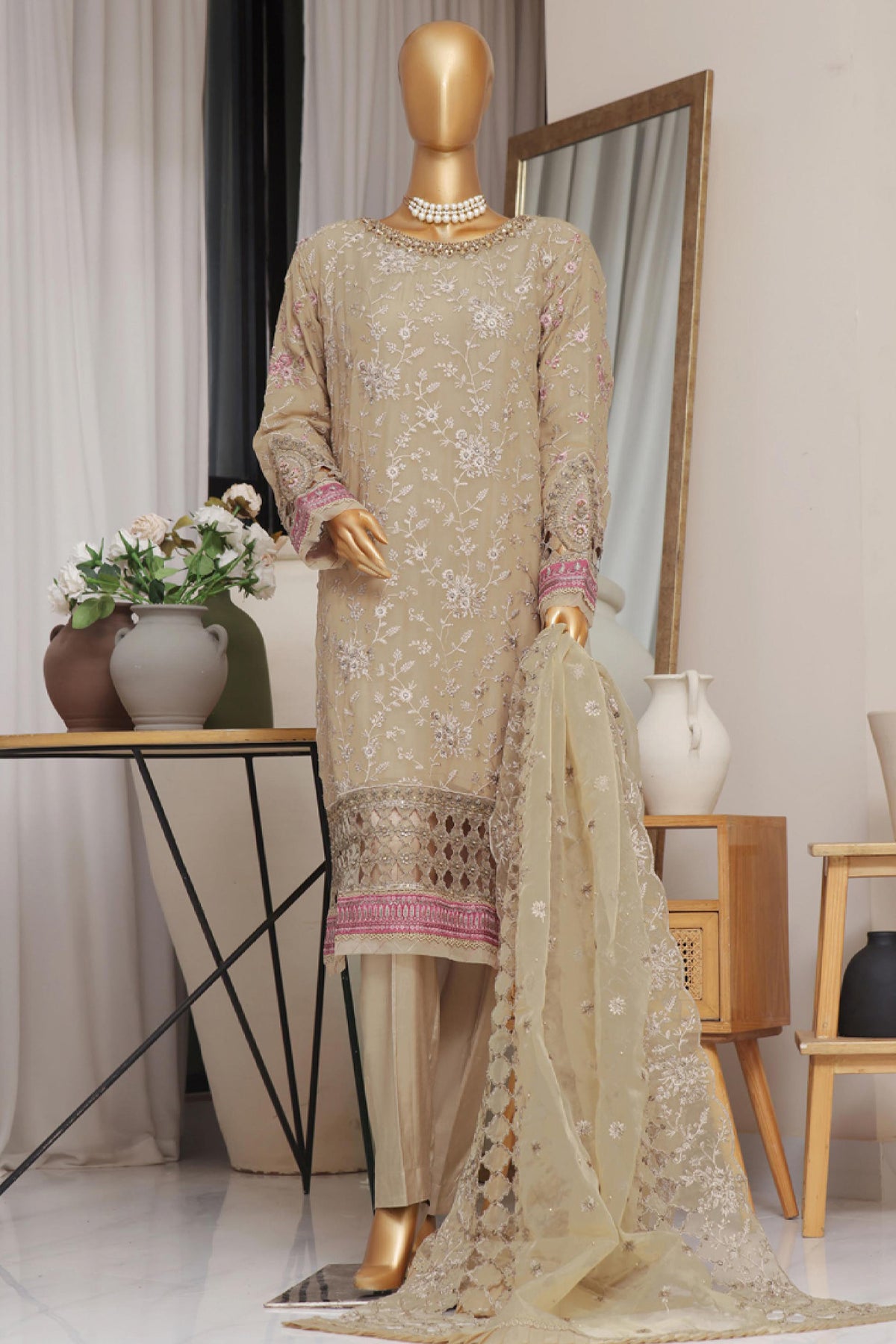 Fasaane By HZ Stitched 3 Piece Formals Chiffon Vol-05 Collection'2024-HZK-171-Dark Beige