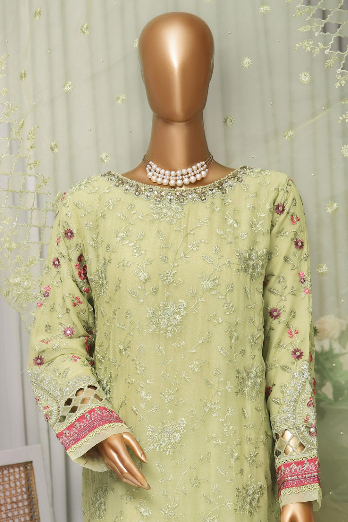 Fasaane By HZ Stitched 3 Piece Formals Chiffon Vol-05 Collection'2024-HZK-171-Lime Green