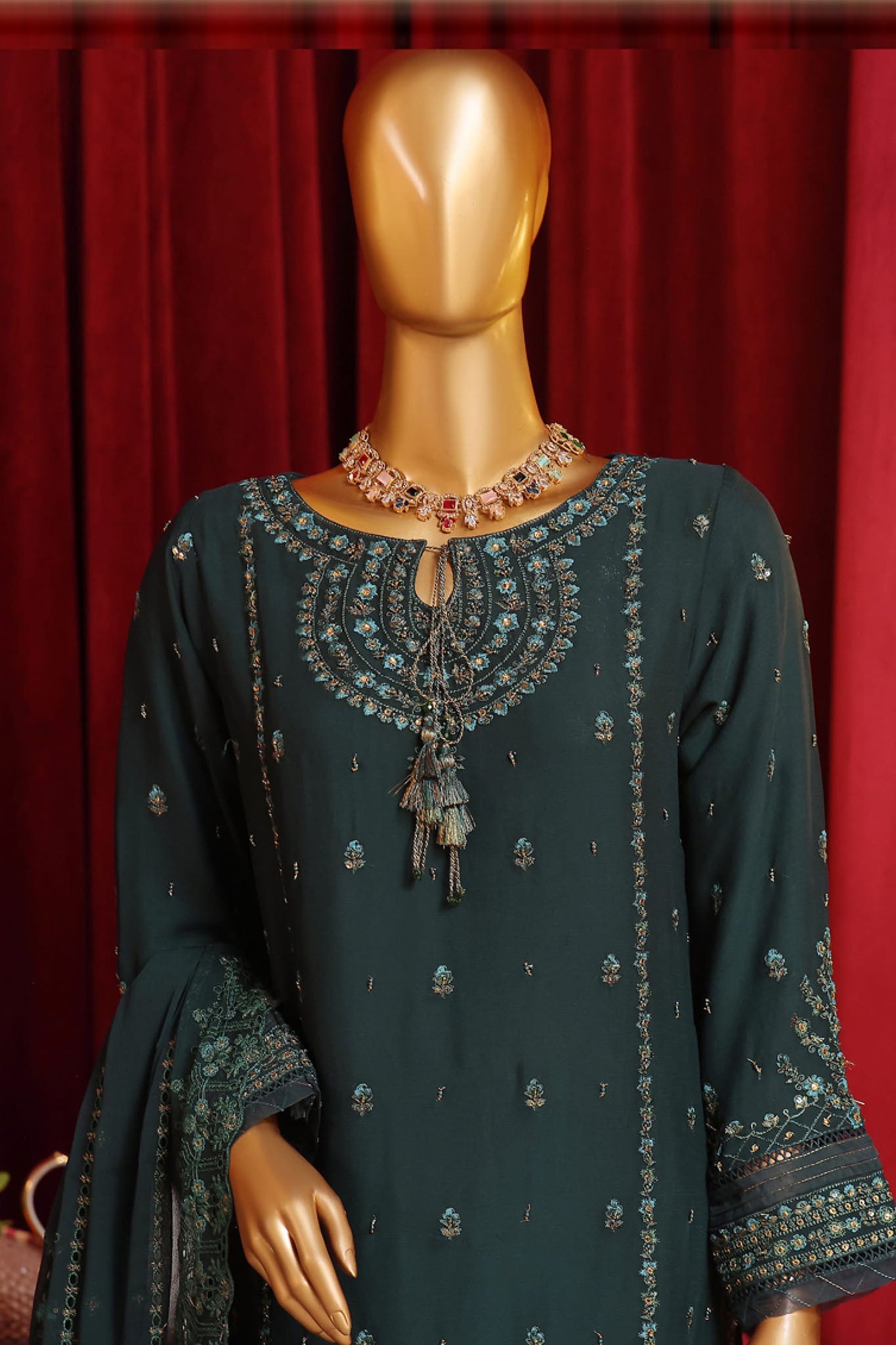 Fasaane By HZ Stitched 3 Piece Formals Chiffon Vol-07 Collection'2024-HZK-187-Dark Green