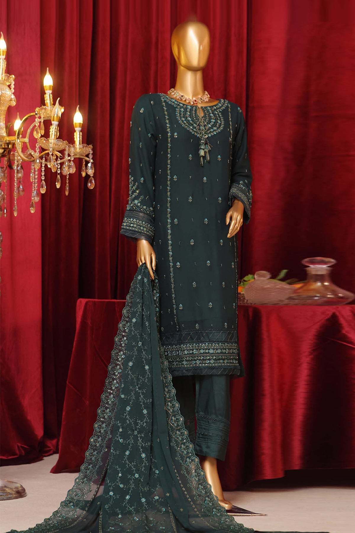 Fasaane By HZ Stitched 3 Piece Formals Chiffon Vol-07 Collection'2024-HZK-187-Dark Green