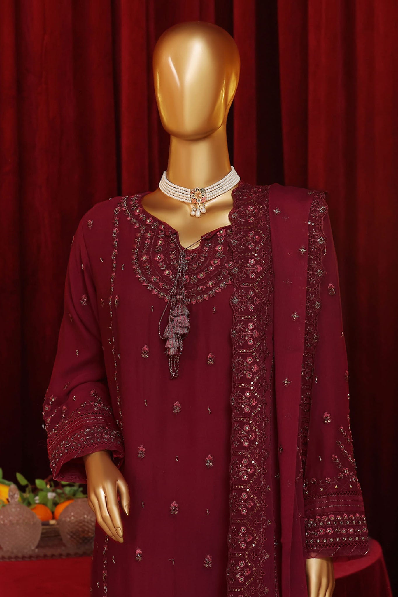 Fasaane By HZ Stitched 3 Piece Formals Chiffon Vol-07 Collection'2024-HZK-187-Maroon