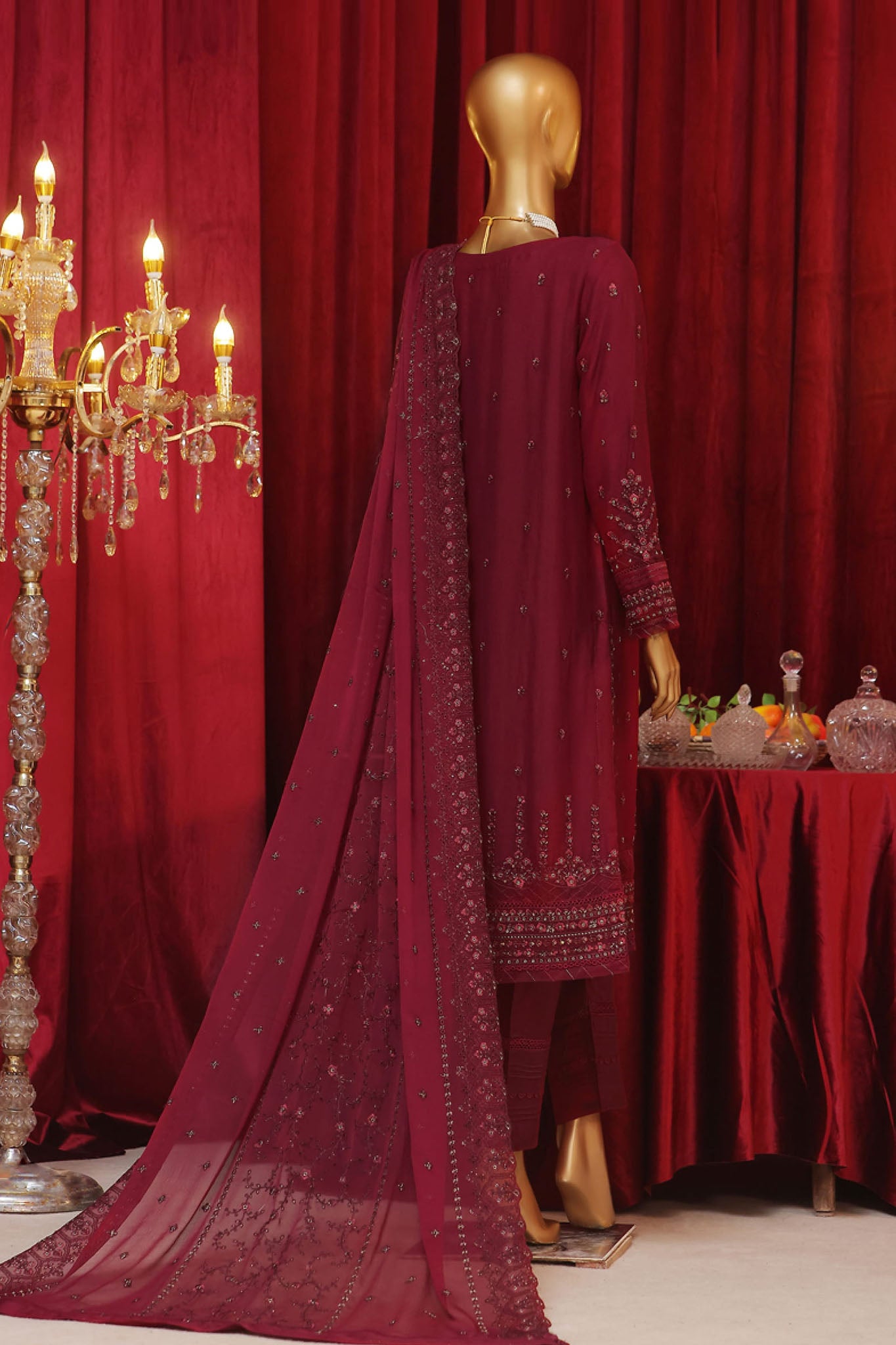 Fasaane By HZ Stitched 3 Piece Formals Chiffon Vol-07 Collection'2024-HZK-187-Maroon