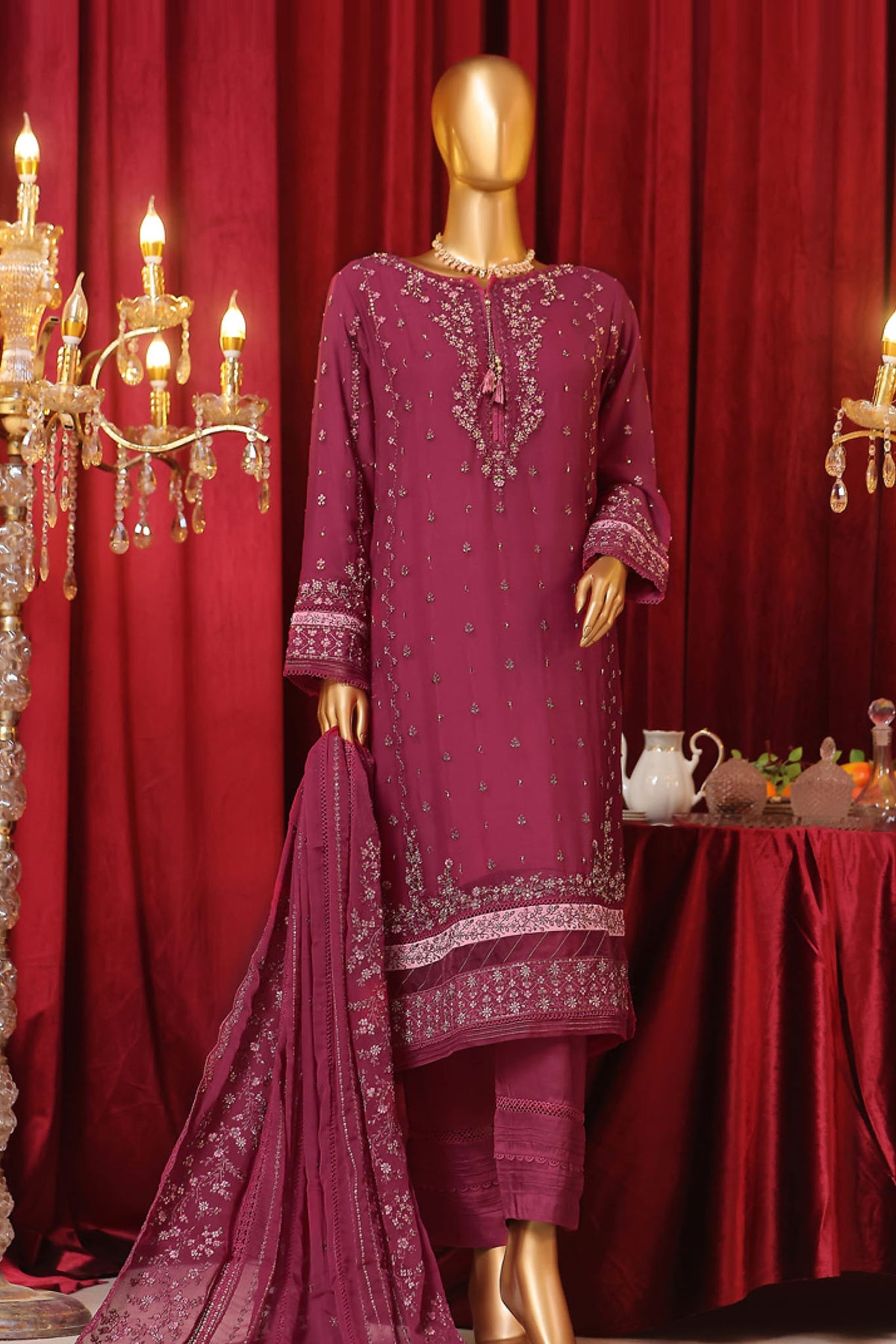 Fasaane By HZ Stitched 3 Piece Formals Chiffon Vol-07 Collection'2024-HZK-188-Magenta