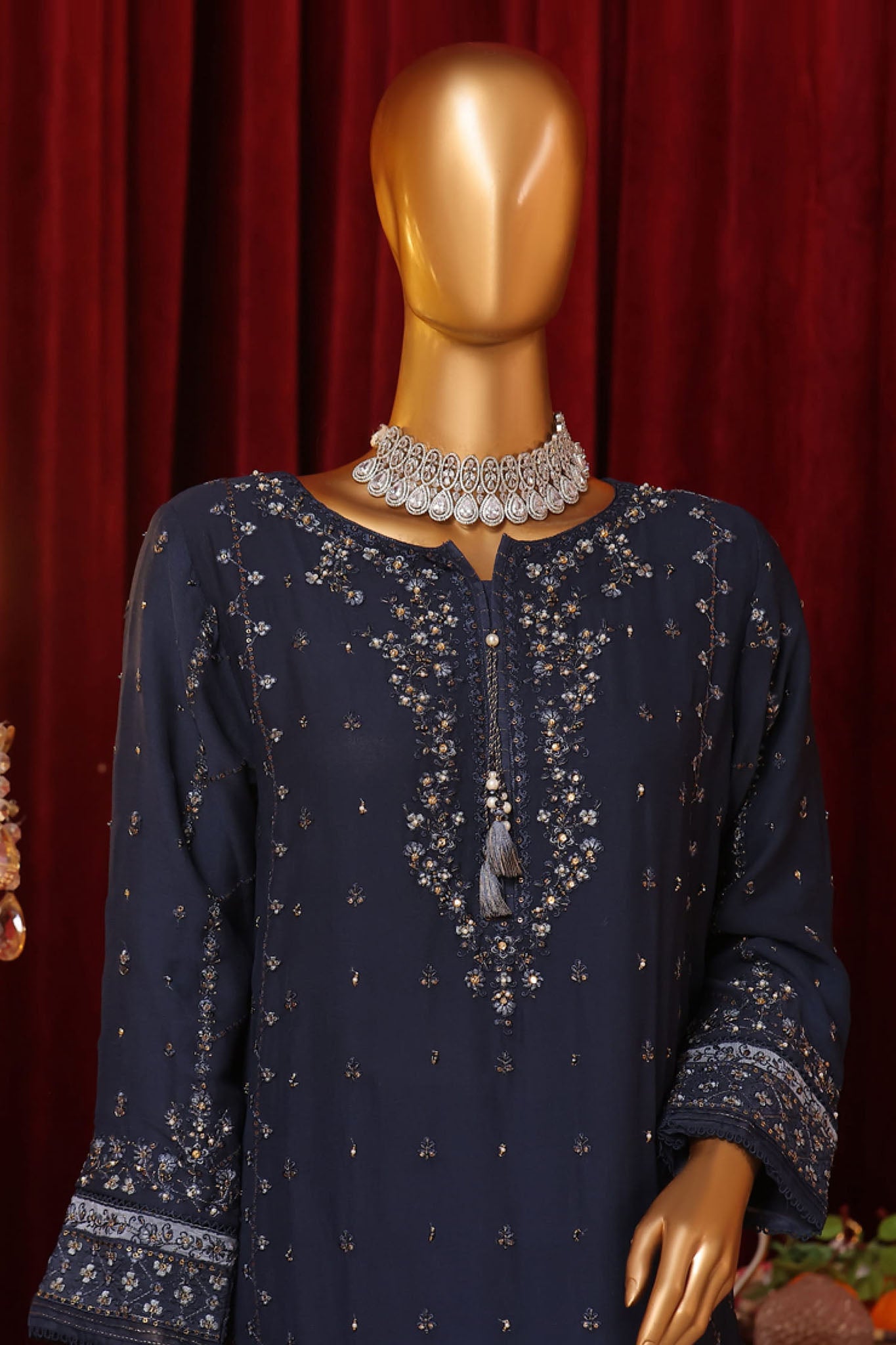 Fasaane By HZ Stitched 3 Piece Formals Chiffon Vol-07 Collection'2024-HZK-188-Navy Blue