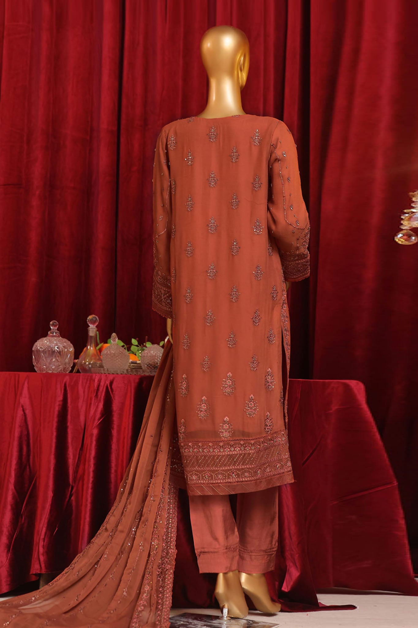 Fasaane By HZ Stitched 3 Piece Formals Chiffon Vol-07 Collection'2024-HZK-189-Rust