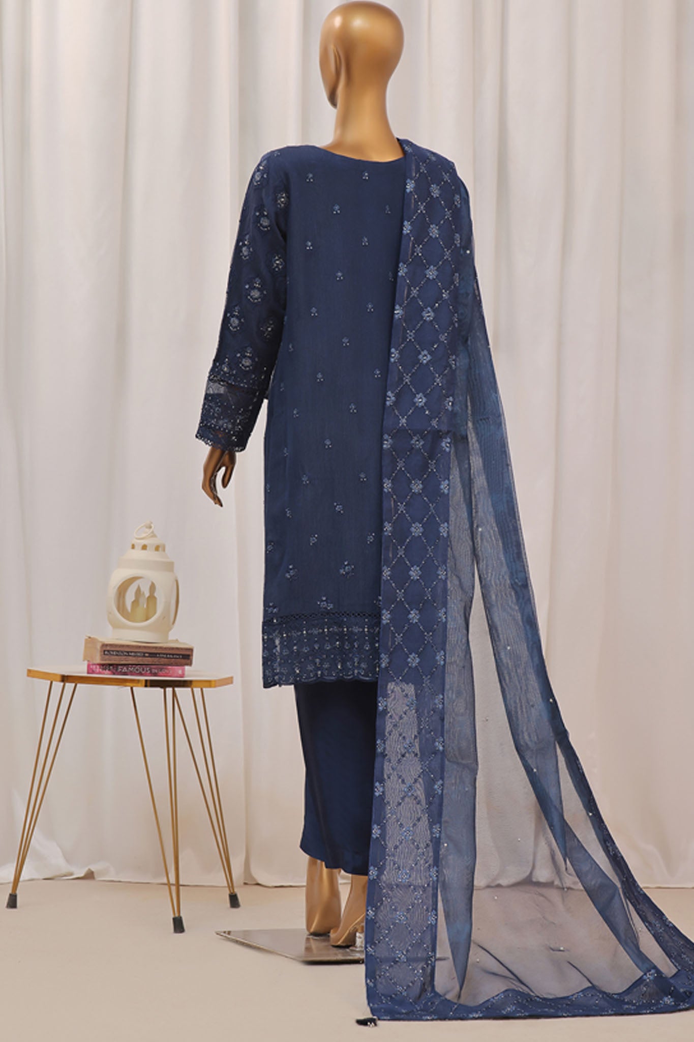 Sheer By HZ Stitched 3 Piece Formals Khaddi Net Collection'2024-HZK-192-Navy Blue