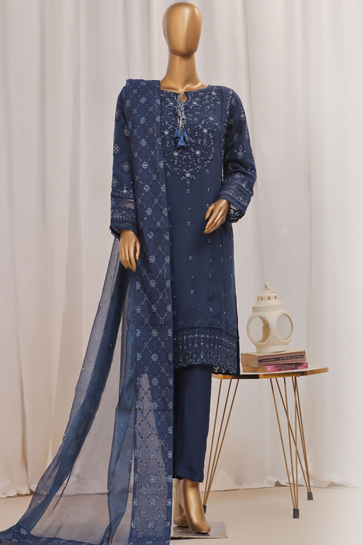 Sheer By HZ Stitched 3 Piece Formals Khaddi Net Collection'2024-HZK-192-Navy Blue