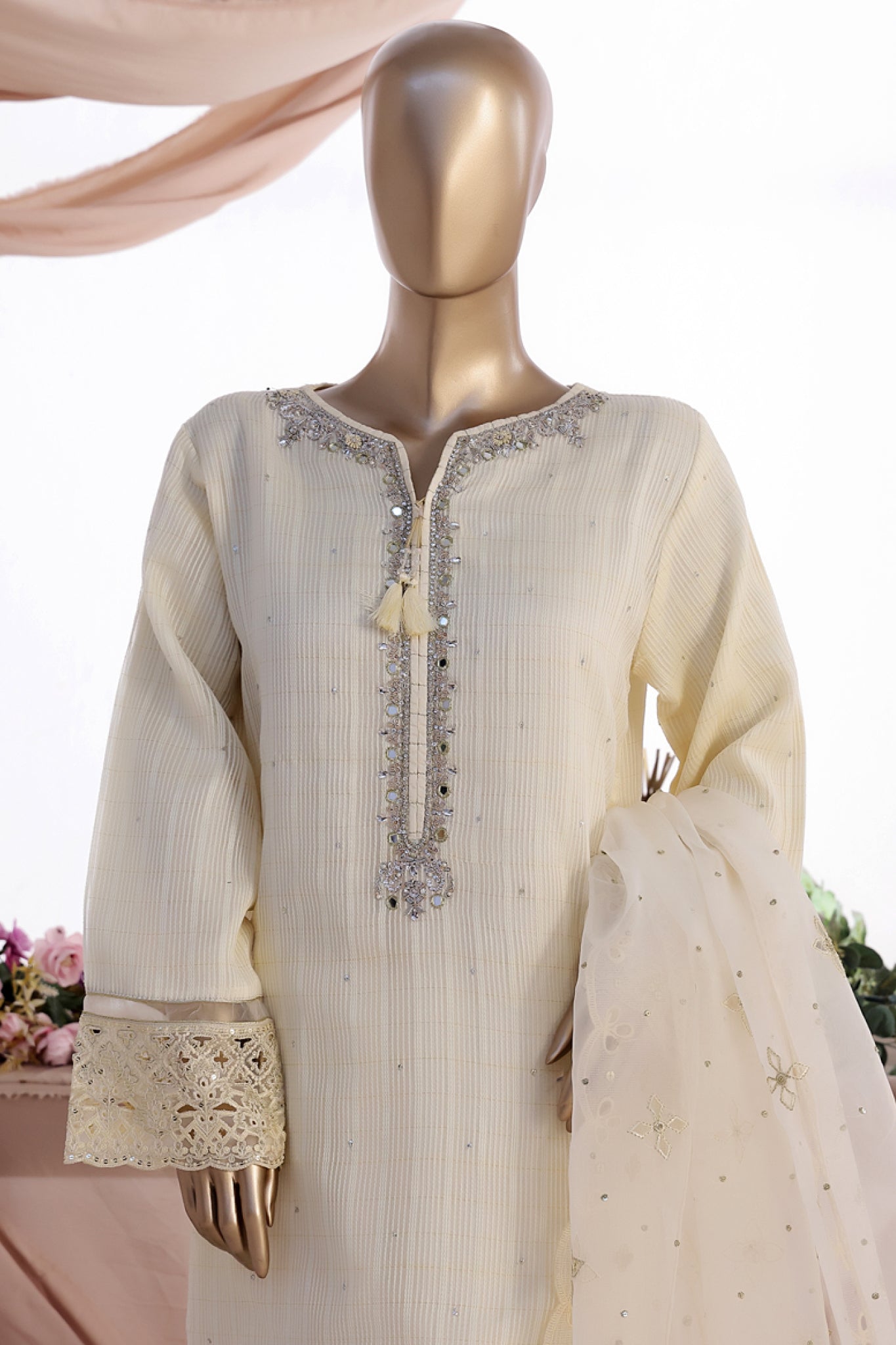 HZ Stitched 3 Piece Luxe Pret Formals Collection'2025-HZK-221-Cream