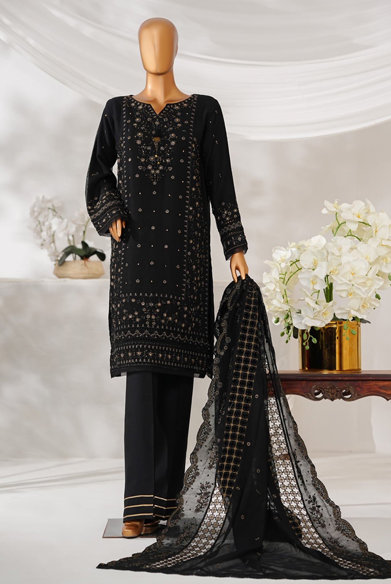 Sheer By HZ Stitched 3 Piece Emb Khaddi Net Formals Collection'2025-HZK-224-Black