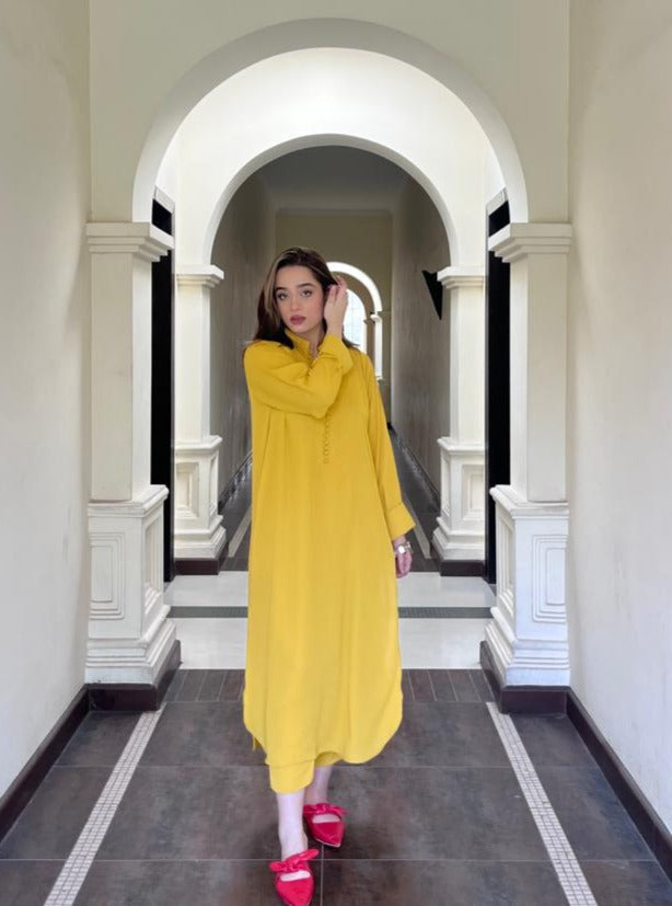 Manahils Stitched Yellow Long Button Set