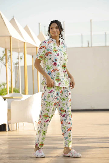 Studio By Arj Layla Amal Luxe Lifestyle Summer Collection Breathable Cotton Finish Fish Multi-Color Pajama Set