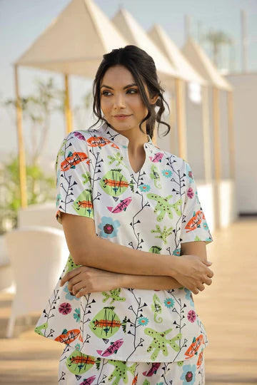 Studio By Arj Layla Amal Luxe Lifestyle Summer Collection Breathable Cotton Finish Fish Multi-Color Pajama Set