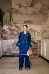 Day to Slay By Mashrib Stitched 2 Piece Summer Suit-Midnight Wave