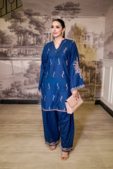 Day to Slay By Mashrib Stitched 2 Piece Summer Suit-Midnight Wave