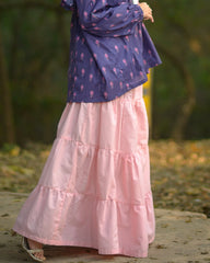 Urban Cut Pink Cotton Maxi Skirt Elegant Tiered Long Skirt