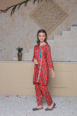 Khanak Stitched Kids-Fire Red Angrakha Style 2pcs Suit-KST 058
