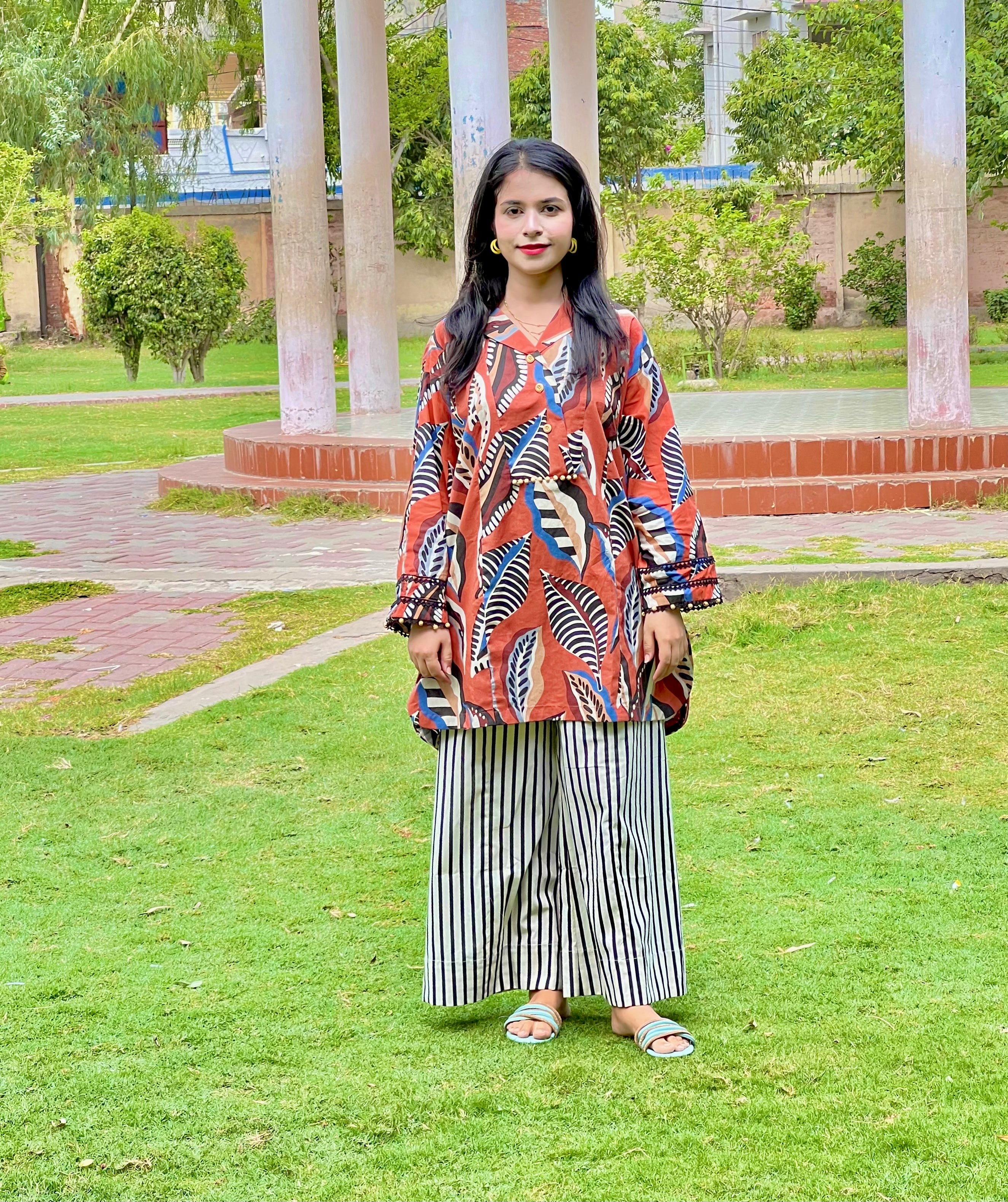 Urban Cut Rust Abstract Cotton 2-Piece Set ? Shirt & Striped Trousers