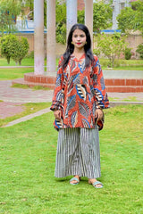 Urban Cut Rust Abstract Cotton 2-Piece Set ? Shirt & Striped Trousers
