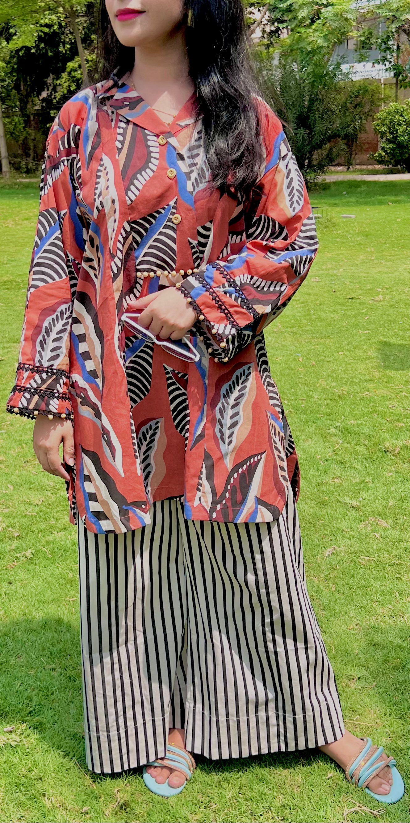 Urban Cut Rust Abstract Cotton 2-Piece Set ? Shirt & Striped Trousers