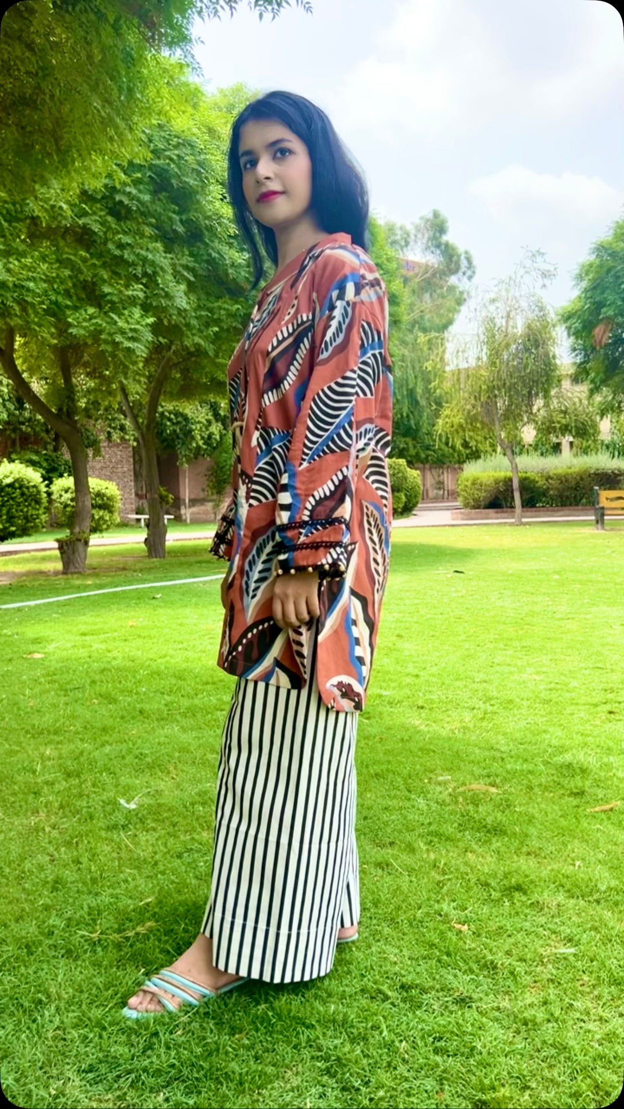 Urban Cut Rust Abstract Cotton 2-Piece Set ? Shirt & Striped Trousers