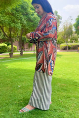 Urban Cut Rust Abstract Cotton 2-Piece Set ? Shirt & Striped Trousers