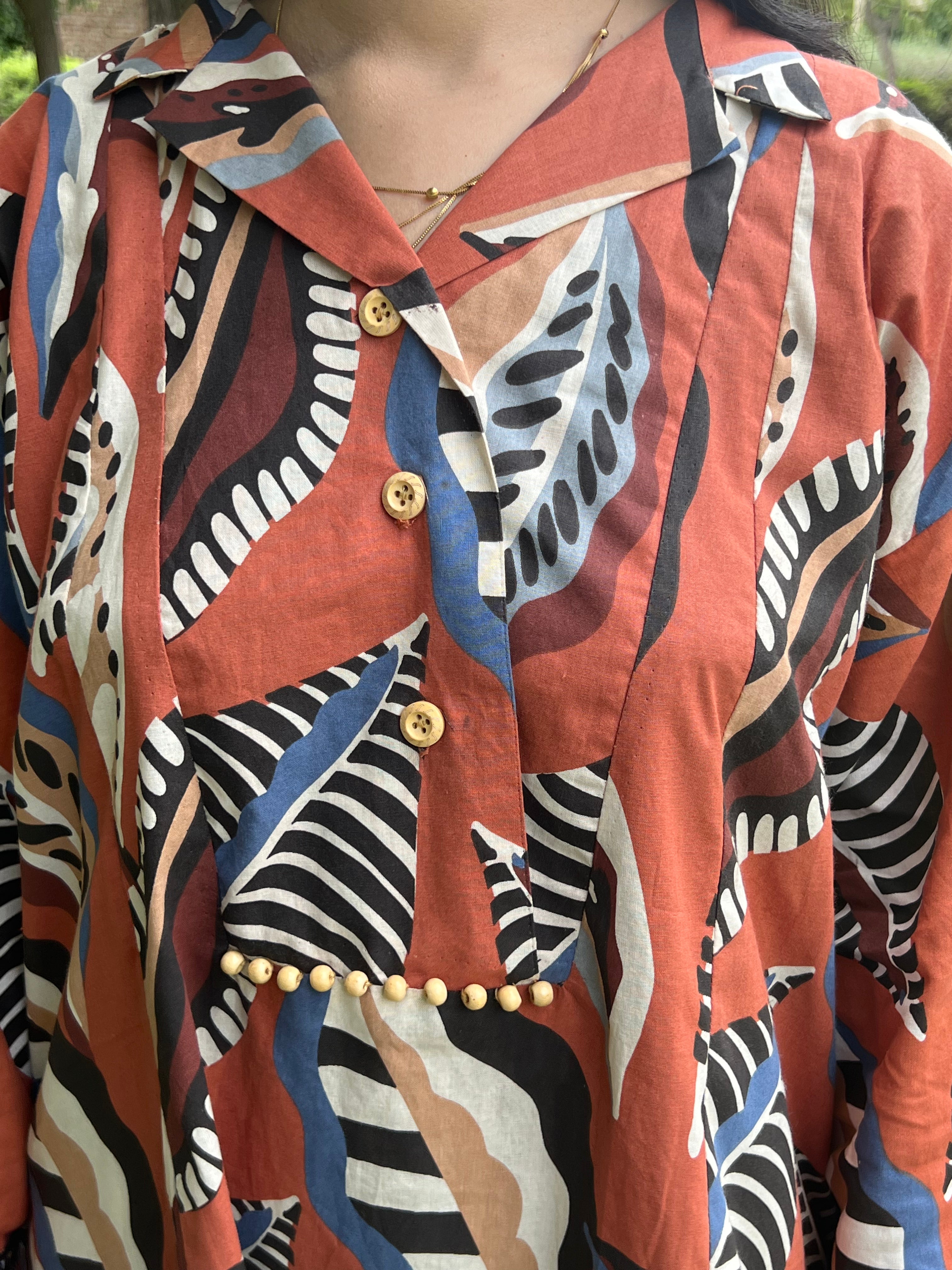Urban Cut Rust Abstract Cotton 2-Piece Set ? Shirt & Striped Trousers