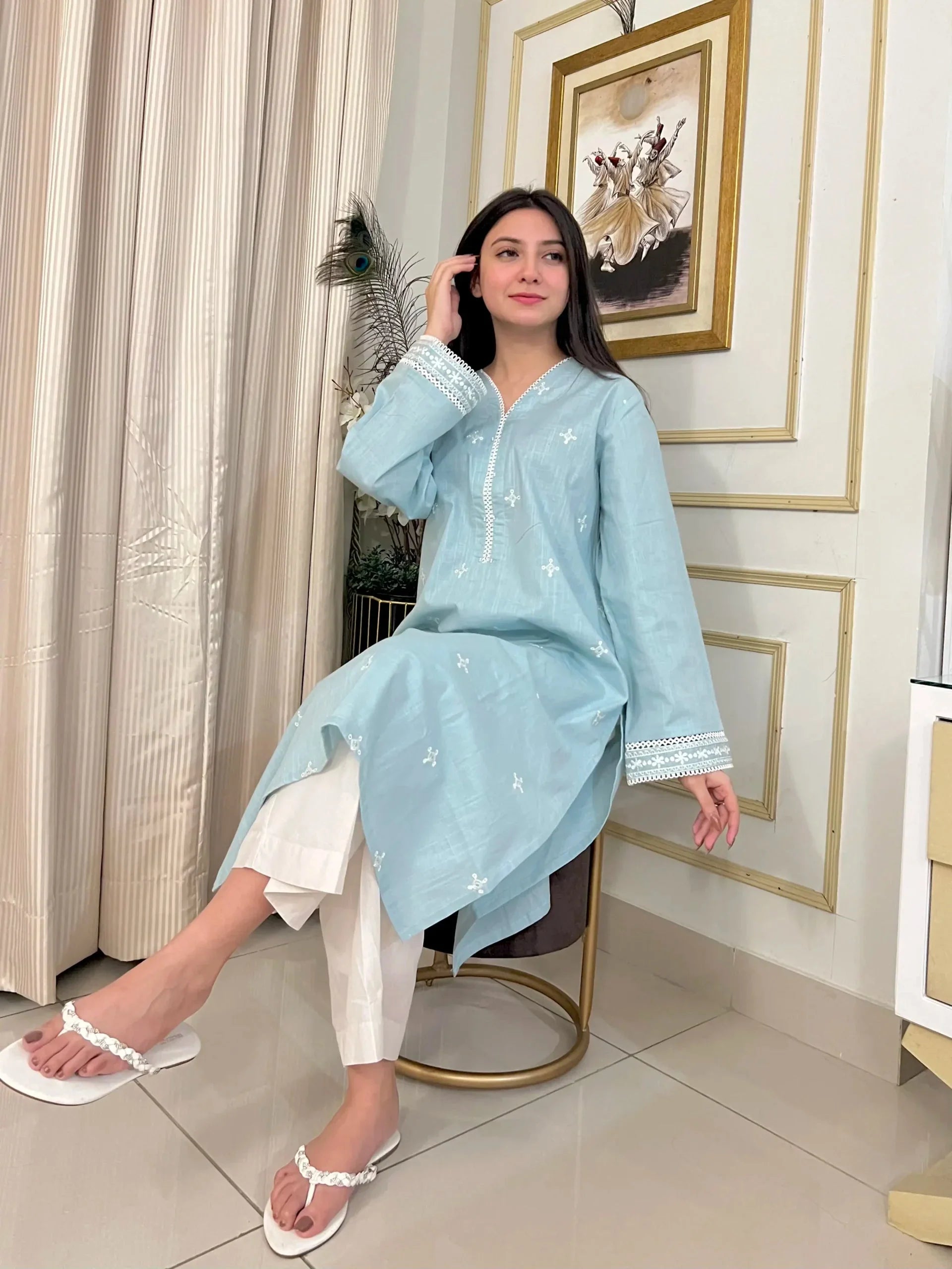1 Piece Blue Fabric Embroidered - Stitched Shirt - 100% Cotton Urban Cut 