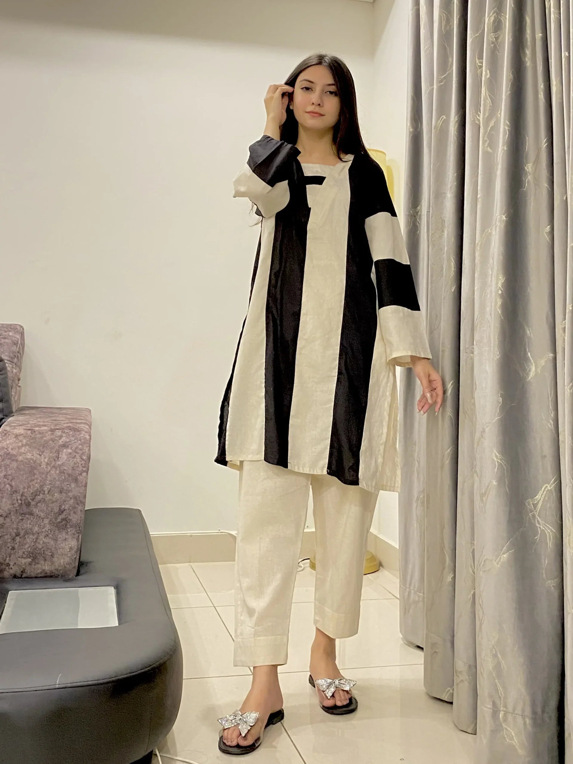 Urban Cut 2 Piece Cream  Black -Stitched Shirt -100% Cotton