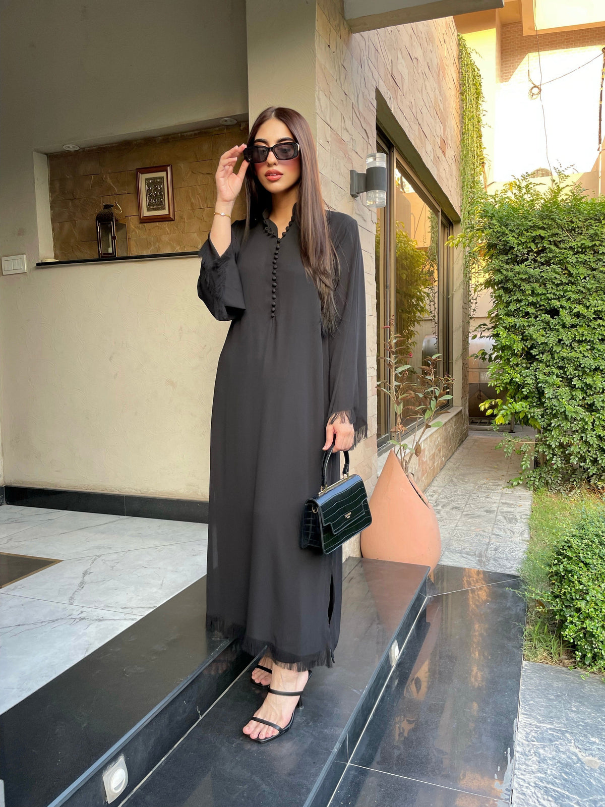 Manahils Stitched Black Button Set  Fringes