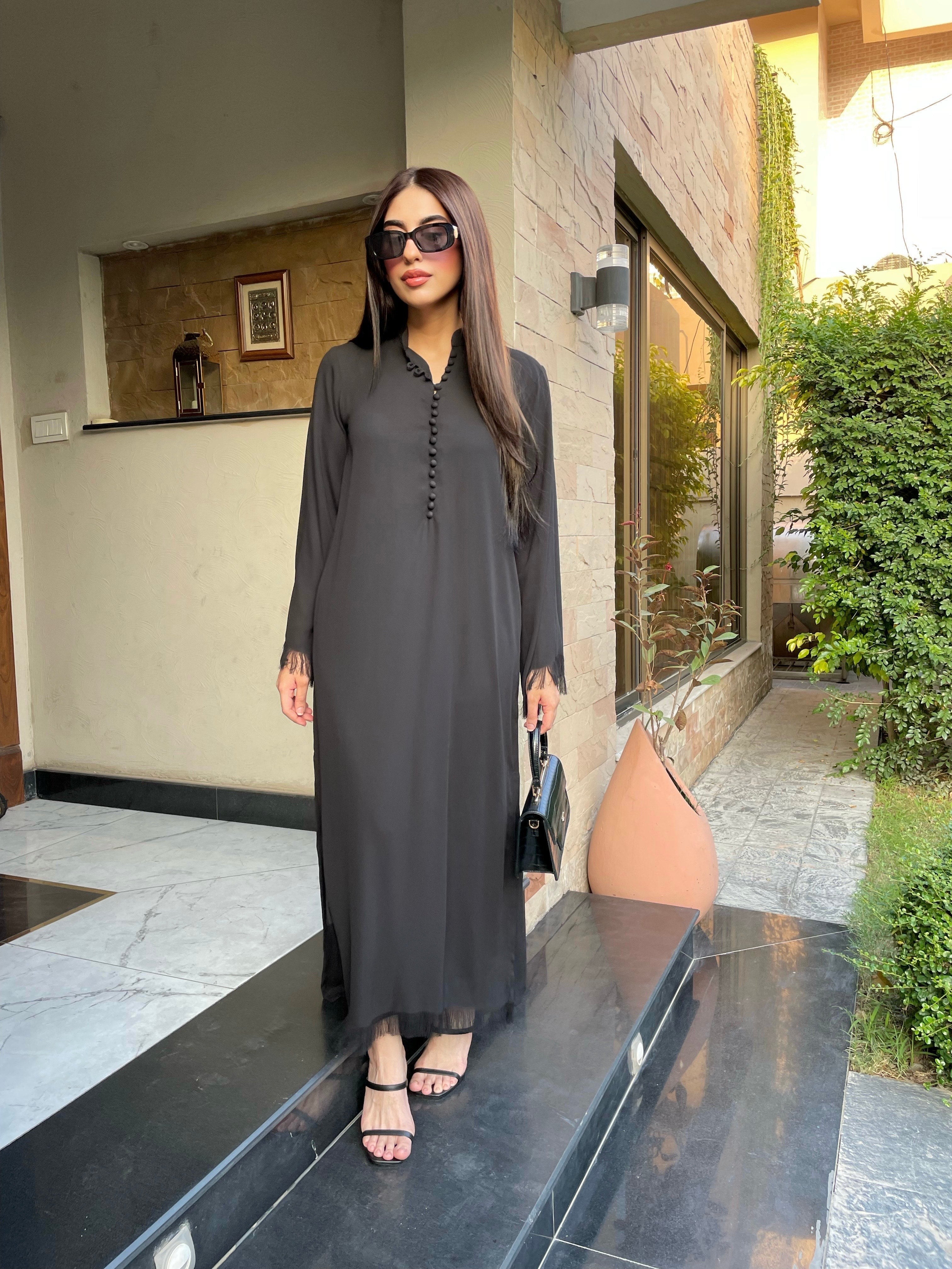 Manahils Stitched Black Button Set  Fringes