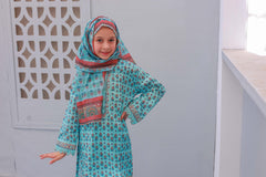 A young girl dressed in a festive embroidered outfit, featuring a sleeved shirt, trousers, and a dupatta.