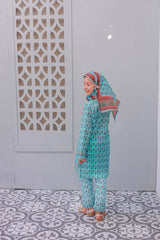 A young girl dressed in a festive embroidered outfit, featuring a sleeved shirt, trousers, and a dupatta.