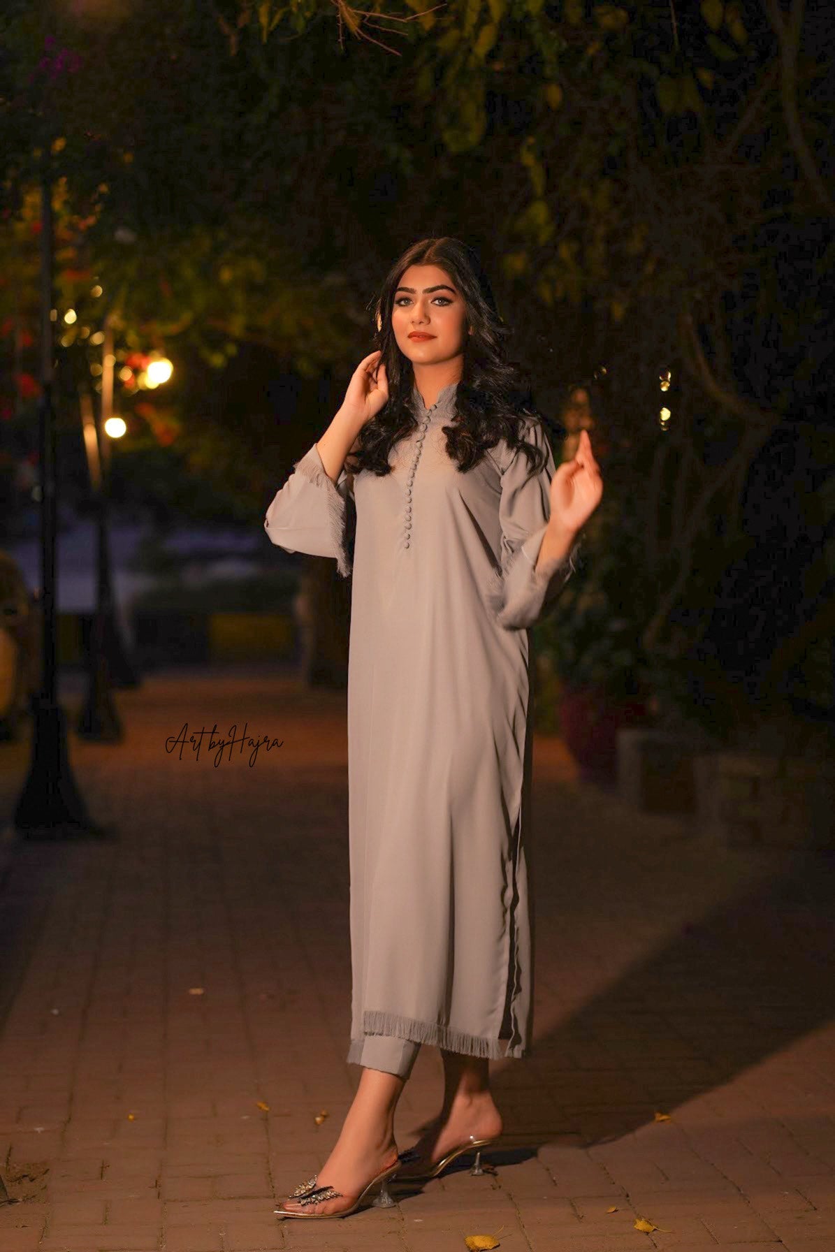 Manahils Stitched Tunic Gray Buttons ??