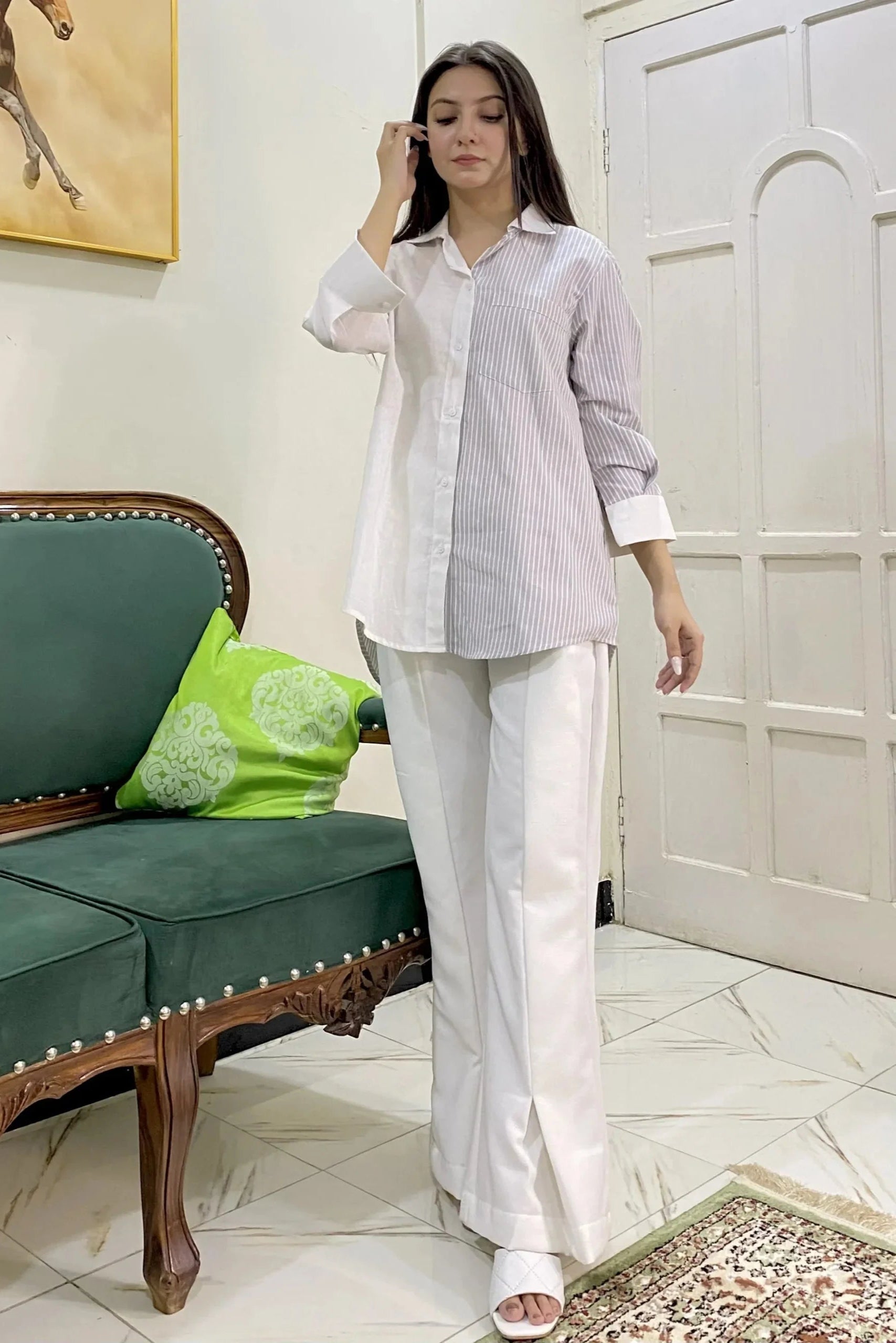 1 Piece 100% Cotton - Yarn Dyed Premium Combed Fabric Stitched Modern Shirt Set - 100% Cotton Urban Cut Yarn Dyed Beige XS 