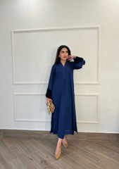 Manahils Stitched Co Ords Blue Long Set With Velvet Tunic